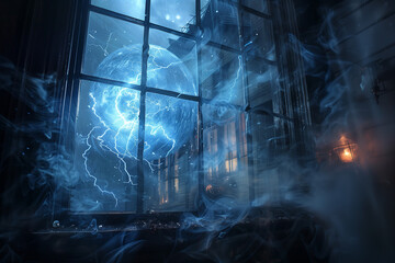Mystical Ball Lightning View from a Vintage Window, Atmospheric Phenomenon - obrazy, fototapety, plakaty
