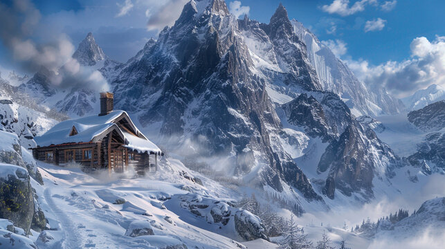 A remote mountain cabin nestled in a snow-covered valley, with smoke curling from its chimney against the backdrop of icy cliffs and jagged peaks. 32K.