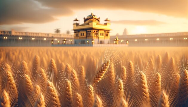 Realistic illustration for baisakhi with golden temple and wheat field.