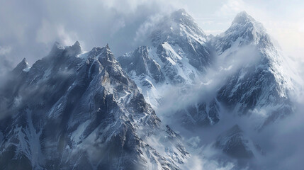 A rugged mountain ridge shrouded in mist and snow, with jagged peaks piercing through the clouds and glaciers clinging to the sheer cliffsides. 32K. - obrazy, fototapety, plakaty