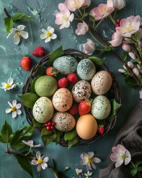 photo top view beautiful composition spring atmosphere, realistic photo of easter eggs with fruits and flowers