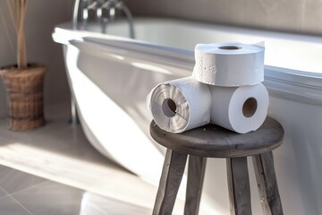 toilet paper stack on stool next to bathtub