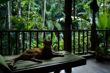 cat lounging on veranda, dense jungle floor visible - obrazy, fototapety, plakaty