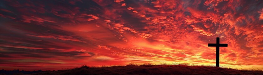 Cross silhouetted against a blazing sky, symbol of hope , hyper realistic