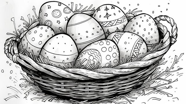  fancy Easter eggs inside of basket and banny easter
