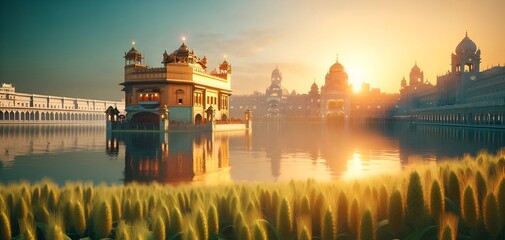Golden temple at sunset with wheat field for baisakhi celebration.