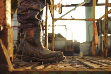 closeup on steeltoed boots, worker standing, platform out of focus - obrazy, fototapety, plakaty