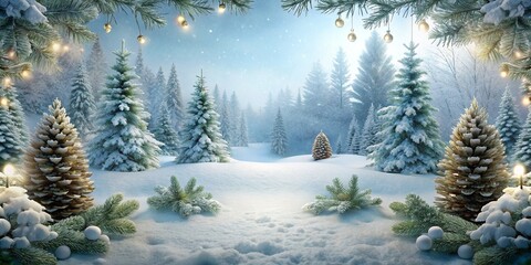 Winter christmas scenic landscape with copy space. Wooden flooring strewn with snow in forest with...