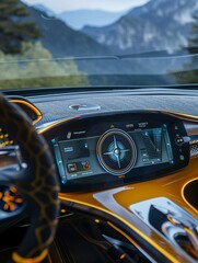 A car dashboard integrated digital compass, offering real-time navigation aids alongside traditional gauges - obrazy, fototapety, plakaty