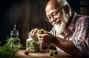 a man holds up a fresh cannabis leaf in organic farm of glass jar