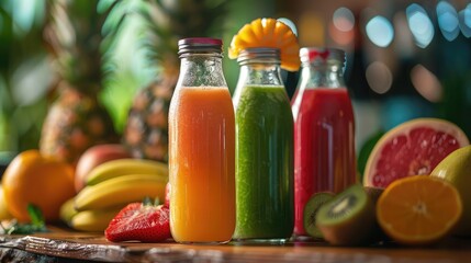 bottles of fruit juice and smoothie with fresh fruits on wooden table, Healthy fruit drink smoothie juice raw, Fruit smoothie fresh raw juice organic food drink diet healthy
