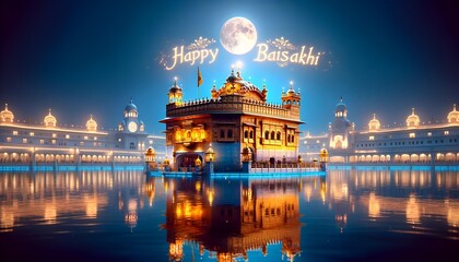 Realistic illustration for baisakhi with a golden temple at night.