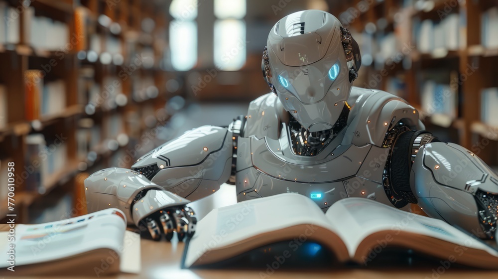 Poster ai robot reading a book in the library. collaboratively studying from a vast array of textbooks. mac