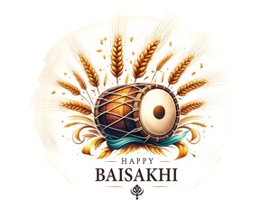 Watercolor illustration for baisakhi with a dhol and wheat sheaves. - obrazy, fototapety, plakaty