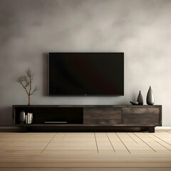 TV on the wall in modern living room.3D rendering