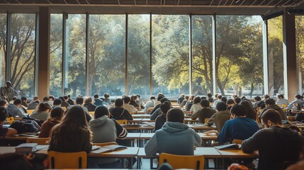 A large university class in an outdoor classroom full of students taking exams.