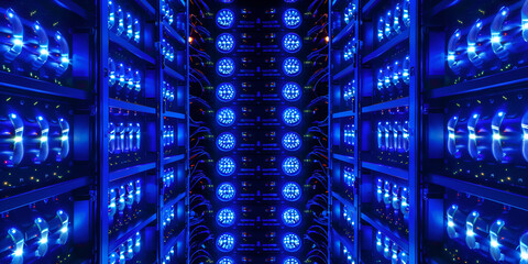 Fototapeta na wymiar Server center room modern interior with data storage system blue lighting on background 3d rendering