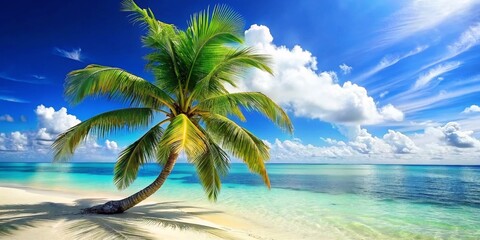 Beautiful palm tree on tropical island beach on background blue sky with white clouds and turquoise ocean on sunny day. Perfect natural landscape for summer vacation, ultra wide format.