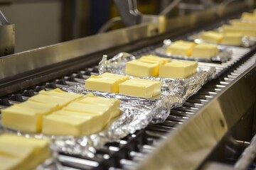 conveyor belt with butter pats being wrapped in foil - obrazy, fototapety, plakaty