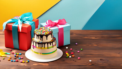 Birthday gift boxes and birthday cake with colorful decorations, Melted chocolate sauce and colorful sprinkles on the birhtday cake, Birthday and celebrations concept on wooden table, white background