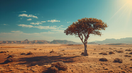 A lone towering tree standing resiliently in a vast arid desert under a scorching sun. - obrazy, fototapety, plakaty