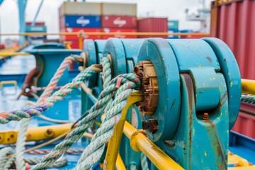 Fototapeta na wymiar closeup of ropes and winches securing containers on deck during transit