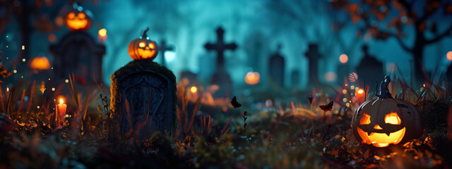 Enchanted Halloween Scene with Jack-o'-Lanterns and Mystical Graveyard