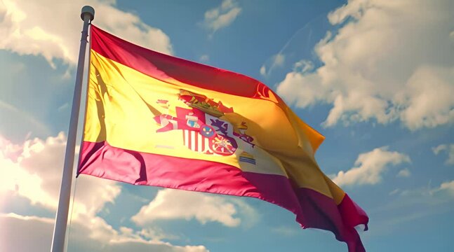Spain flag waving in the wind. Spanish flag on blue sky background