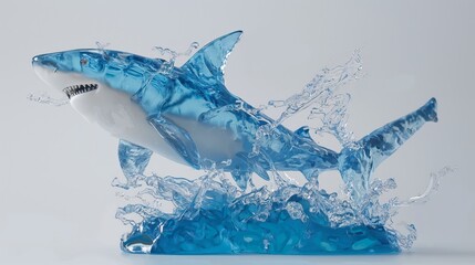 A dynamic sculpture of a shark composed of crystal-clear blue material, resembling splashing water, on a plain background.