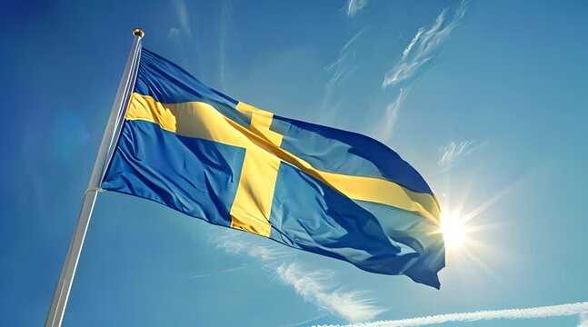 Sweden flag waving in the wind. Swedish national country flag on blue sky background
