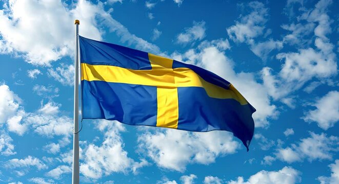 Sweden flag waving in the wind. Swedish national country flag on blue sky background