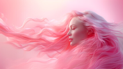 portrait of a beautiful woman with pink hair, on pink background