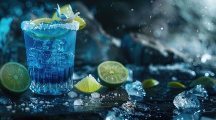 classic cocktail bule drink with lime and salt on stone, Blue coctail with ice and lemon , Alcoholic cocktail juicy fruit blue with curacao liqueur, ice cubes and a slice of lemon. 