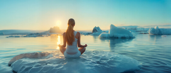 a woman meditates on an ice floe in the Arctic Ocean - obrazy, fototapety, plakaty