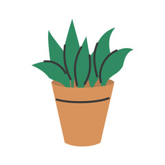 Houseplant in a pot. Green leaves. Flat cartoon vector illustration isolated on white background