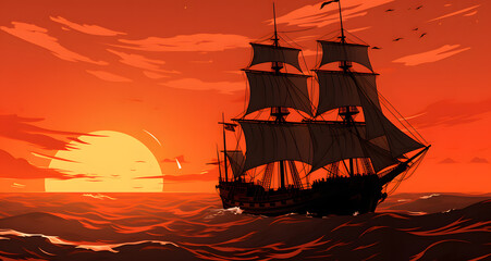 a sailing vessel in the open ocean during the sunset - obrazy, fototapety, plakaty