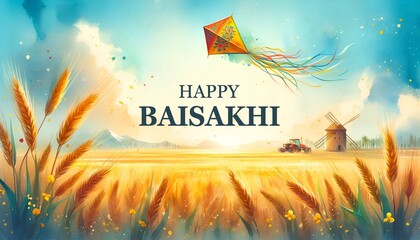 Happy baisakhi card illustration with kite flying over wheat field.