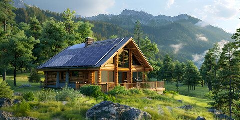 A stylish house cabin in woods with wooden roof  featuring rooftop solar panels beautiful green trees with mine plants gry rocks forest background