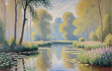 Monet style punchlist landscape painting. Artificial intelligence generation.