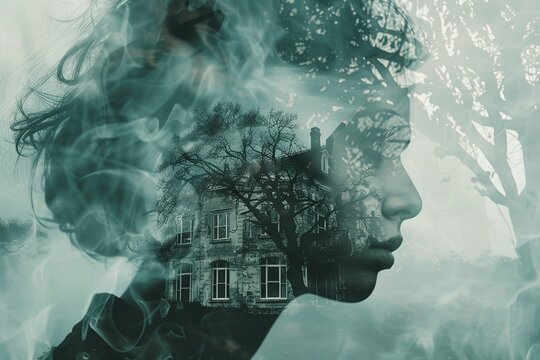 Elegantly Eerie: A double exposure chills the soul. A ghostly woman floats through a magnificent, haunted house, a reminder of luxury turned sinister