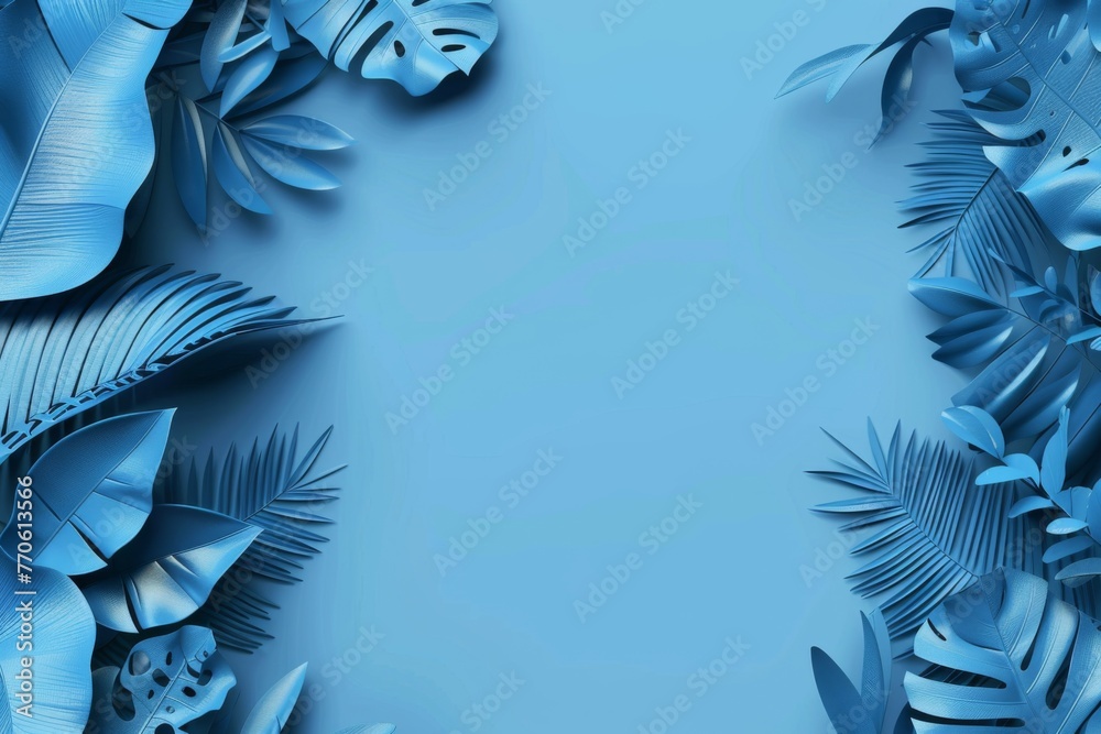 Wall mural a blue background with various cutout tropical leaves in the corners, creating an elegant and sophis