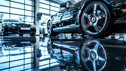 A luxury car showroom with sleek vehicles and reflective floors. - obrazy, fototapety, plakaty