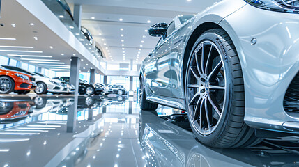 A luxury car showroom with sleek vehicles and reflective floors.