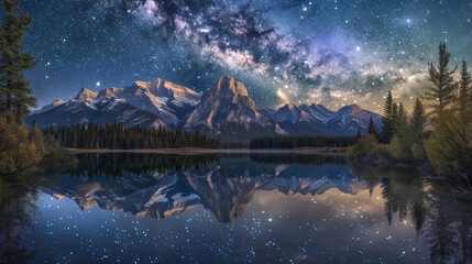 Behold the breathtaking symmetry as the Bow River mirrors the majestic peaks of the Rocky Mountains under a canopy of stars. 32K. - obrazy, fototapety, plakaty