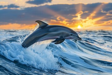 dolphin leaping above sea waves at sunrise with sunrays visible