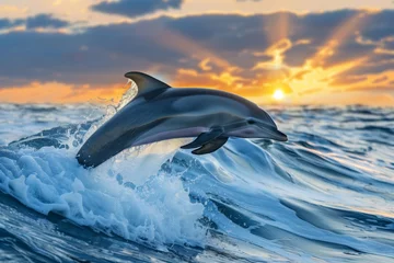 Gordijnen dolphin leaping above sea waves at sunrise with sunrays visible © altitudevisual