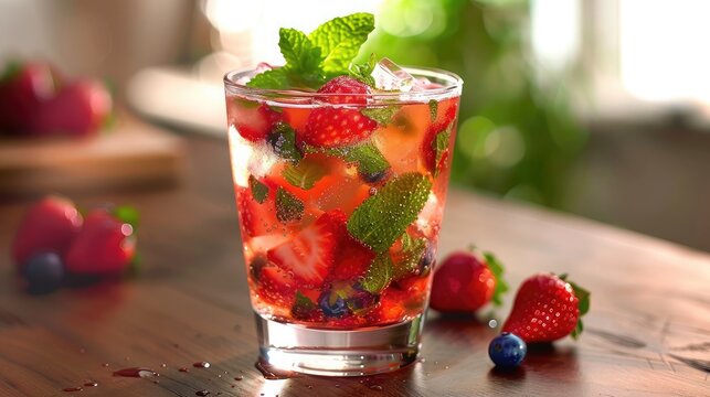 Cocktail - Strawberry Mojito with Mint and Fresh Berries  , Spring or summer refreshing cold cocktail or mocktail with berries and lemon.