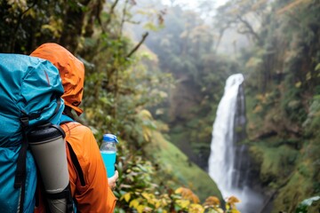 hiker viewing a waterfall with a reusable water bottle - obrazy, fototapety, plakaty