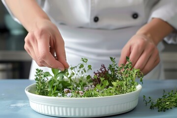 chef meticulously placing herbs to form a garden scene on a dish
