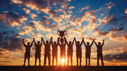 Teamwork leads to success and achieving goals. The silhouette of many hands holding a trophy in a sunset represents a victorious team.